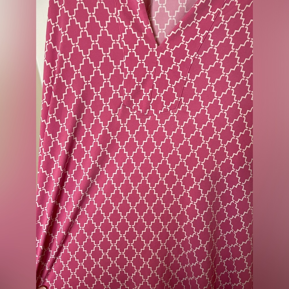 346 Brooks BrothersPink and White Quatrefoil Print Slinky Long Sleeve Dress - Picture 5 of 7